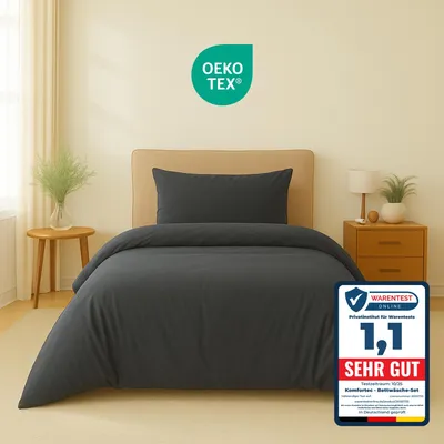 Produktbild von Komfortec Premium Bettwäsche 155x220 cm Bettbezug + 40x80 cm Kissenbezüge, gebürstet 100% Polyester-Mikrofaser 120 g/m², 2 teiliges, Anthrazit