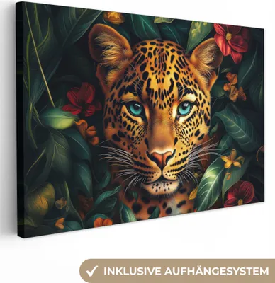 Produktbild von Leinwandbilder 90x60 cm - Tiere, Blumen - Leopard, Bilder Wohnzimmer Modern, Wanddeko