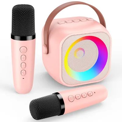 Zdjęcie produktu dla Przenośny zestaw karaoke Bluetooth z różową mikrofonem - 2 bezprzewodowe mikrofony