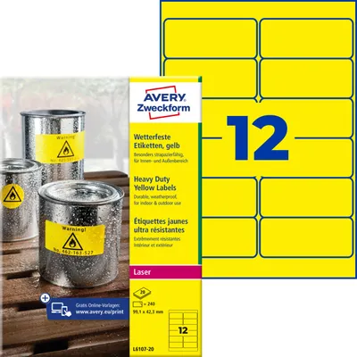 Produktbild von Avery Zweckform L6107-20, Wetterfeste Folien-Etiketten, A4, 99,1 x 42,3 mm, 240 Etiketten / 20 Bögen, gelb
