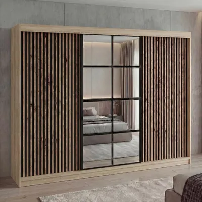 Produktbild von Schwebetürenschrank, 3-türig Schrank mit 4 Schubladen, und 3D-Lamellen. Kleiderschrank NORIVO 200 cm