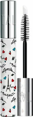 A product shot of a mascara tube with its applicator wand extended.
