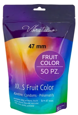 Obrázek produktu pro Kondomy VIBRATISSIMO Fruit Color, balení po 50 kusech | přirozený pocit a extra lubrikace | pro muže | uzavíratelný sáček | barevné | velmi tenké | b=47 mm