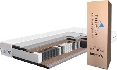 A cutaway view of a mattress is shown next to its packaging.