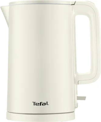 A front view of a cream-colored electric kettle with the brand name 'Tefal' visible.