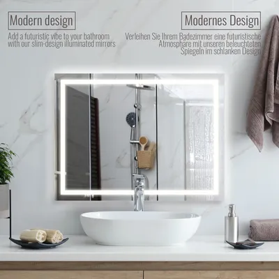 A modern bathroom vanity with a sink and an illuminated mirror.