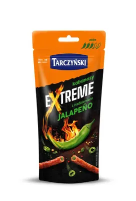 A product package of spicy snack sausages with jalapeno filling.