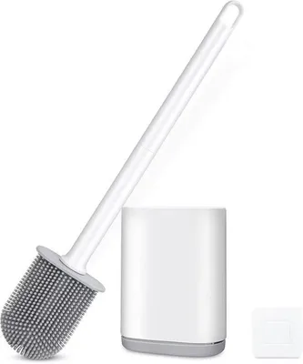 Obrázok produktu pre Silikónová toaletná kefa s držiakom na stenu, ohybná, efektívne čistenie, dlhá rukoväť, kefová hlavica a silikónové štetiny, nešmýka sa (biela)