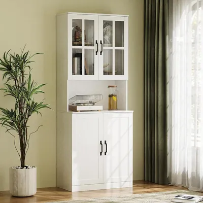 Image de Bibliothèque avec portes en verre et étagère ouverte, meuble haut de 180 cm, 5 niveaux, dimensions 60x40x180 cm, couleur blanche