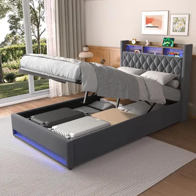 Produktbild von MODFU Hydraulisches Polsterbett 140 × 190 aus Samt, Jugendbett mit LED-Kopfteil und USB-Anschluss, Doppelbett mit Stauraum, ohne Matratze, Grau