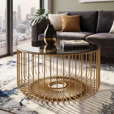 Produktbild von FineBuy Couchtisch Glas Metall 60cm Gold Rund Moderner Wohnzimmertisch Sofatisch Loungetisch mit Gittergestell Runder Beistelltisch Handmade