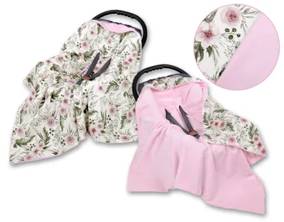 Produktbild von Großes, doppelseitiges Babytragetuch für den Kinderwagensitz - rosa Pfingstrosen