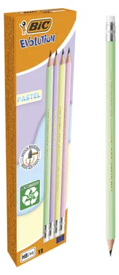 Produktbild von BIC Evolution Graphitstifte HB mit Radiergummi, 12 Stück, Pastellfarben