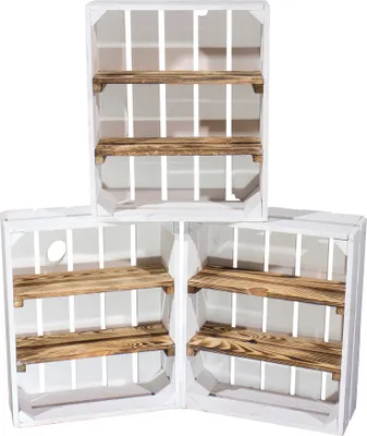 Produktbild von 3er Set Neu weiße/weisse Regalkiste Flach mit 2 geflammten Mittelbretter, Regal Holzregal Gewürzregal Ablage Obstkiste Weinkiste Wandregal