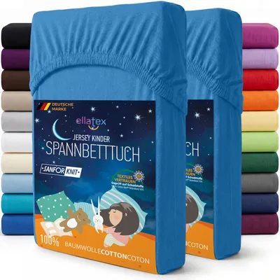 Produktbild von EllaTex 2er Pack Jersey Kinder Spannbettlaken 70x140 Baumwolle – Spannbetttücher Set für Babybett & Kinderbett, Farbe: Royalblau