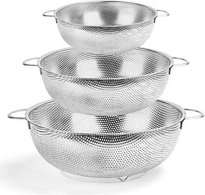 Produktbild von Famanu Küchensieb Set 3-teilig mit Griff, Edelstahl, feines Sieb für Pasta, Obst, Gemüse und Reis
