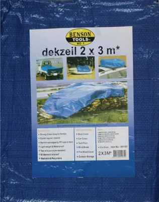 A blue tarp product packaging with images of the tarp in use.