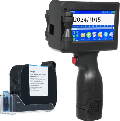 A handheld inkjet printer and an ink cartridge are shown against a white background.