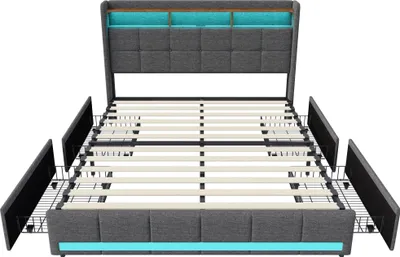 Obrázek produktu pro Rám postele – manželská postel – 180 × 200 cm – LED osvětlení – USB nabíjecí port – 4 zásuvky – dřevo – šedá