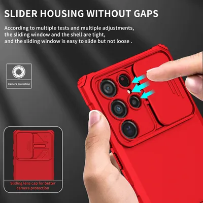 A hand is holding a red phone case with a sliding camera cover.