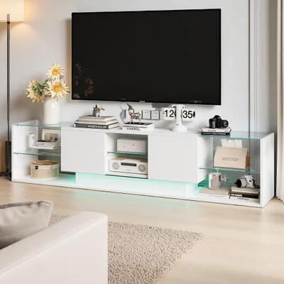 Produktbild von Fortuna Lai Moderner TV Schrank, Fernsehtisch mit 2 Schublade und 6 offenes Regal, 200cm lang, Hochglänzendes LED-TV-Lowboard für Wohnzimmer und Esszimmer (Weiß)