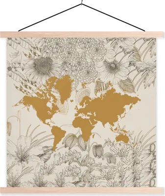 Produktbild von MuchoWow® Textilposter Weltkarte - Blume - Gold 40x40 cm mit holzfarbenen Rahmen - Posterleiste