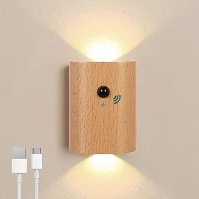 Productafbeelding van Accu wandlamp met Bewegingsmelder en Oplaadbare Led - Houten Wandlamp voor Binnen