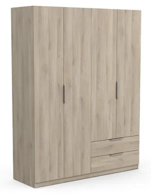 Kleiderschrank 4-türig, 5 Böden, 2 Schubladen, Eiche-Dekor, 157,3x51,1x203 cm