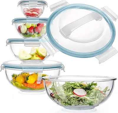Produktbild von Famanu Set von 5 Glas-Mischschüsseln mit Deckeln - BPA-frei, platzsparend