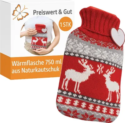 Produktbild von Wärmflasche 750 ml – Flauschige Gummiwärmflasche aus Naturkautschuk mit Zickzack-Bezug – Weiche Heißwasserflasche