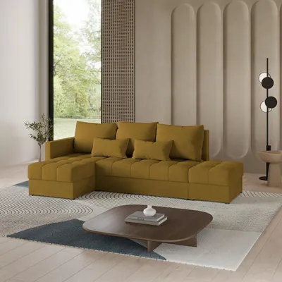 Produktbild von Masseno Ecksofa LUMARI L-S mit Schlaffunktion L-Form, Sofa mit Bettkasten, Wohnzimmersofa, Couch, Soffa, Bettsofa, Couchgarnitur- Gelb, KRONOS 01