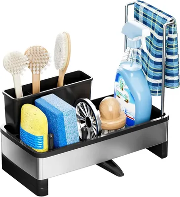 Produktbild von Spülbecken Organizer Küchen Spülbecken Caddy Organizer mit Auffangschale Utensilien Korb für Küche Schwammhalter mit Spüllappenhalter (Schwarz)