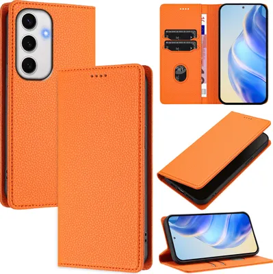 Immagine prodotto di Custodia in pelle per Samsung Galaxy S24 FE, pelle Litschi, custodia a portafoglio con slot per carte e supporto Arancione