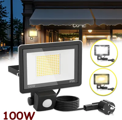 Produktbild von XMTECH 100W LED Strahler mit Bewegungsmelder Außen Lichtsensor, Außenstrahler Scheinwerfer Aussen mit Stecker , 6000-6500K Kaltweiß IP66 Wasserdicht Fluter für Garten Garage Sportplatz