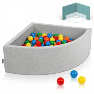 Produktbild von KiddyMoon viertel ecking bällebad bällepool 90x30cm/300 bälle ∅ 7cm ballgruben für babys spielbad kleinkinder, hergestellt in der eu, hellgrau:gelb/grün/rot/orange