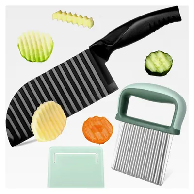 Produktbild von Wellenschneider Set, 2 Stück Wellenmesser für Gemüse, Edelstahl Pommes Wellenmesser und Crinkle Cutter mit Schutzhülle, Kartoffelschneider für Salat, Gemüse und Obst