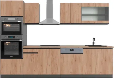 Produktbild von Küchenzeile Vicco R-Line Goldkraft Eiche/Anthrazit 300 cm  J-Shape mit Hochschrank, AP Eiche, Model 43061