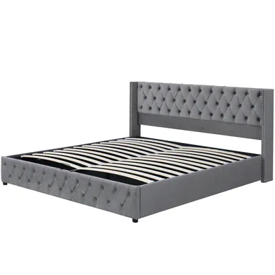 Produktbild von STILVORA Polsterbett 180x200cm mit Samt und Knopfnähten, Funktionsbett mit hydraulischem Stauraum, Doppelbett mit Ohrenform und Nieten, Grau