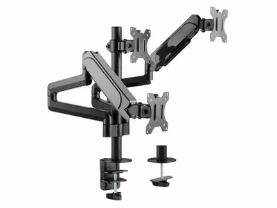Produktbild von Equip Neig-/schwenkbare Verdreifachenmonitorhalter für Bildschirme mit 17 bis 27 Zoll, Klemme, 21 kg, 75 x 75 mm, 100 x 100 mm, Höhenverstellung, Schwarz