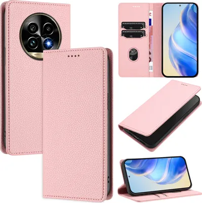 Produktbild von Litchi Leder Handyhülle für Realme 13 Pro/Realme 13 Pro+ Wallet Kartenfächer Standfunktion Hülle Pink