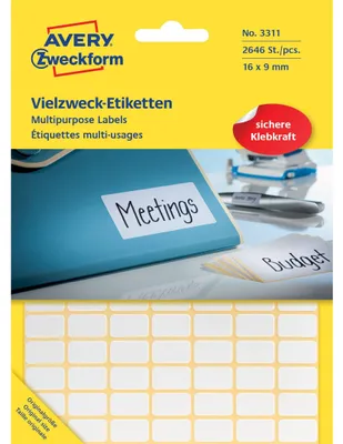 Zdjęcie produktu dla Avery Zweckform® 3311 Etykiety uniwersalne 16 x 9 mm białe 2 646 etykiet/27 arkuszy trwałych