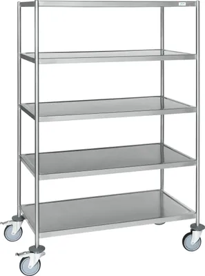 Produktbild von Kongamek Edelstahl- Etagenwagen vollständig geschweißt, 5 Ladeflächen 800x550mm Gummibereifung rostfrei mit Bremse