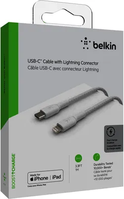 Produktbild von Belkin Lightning/USB-C Kabel 1m ummantelt, mfi zert., weiß