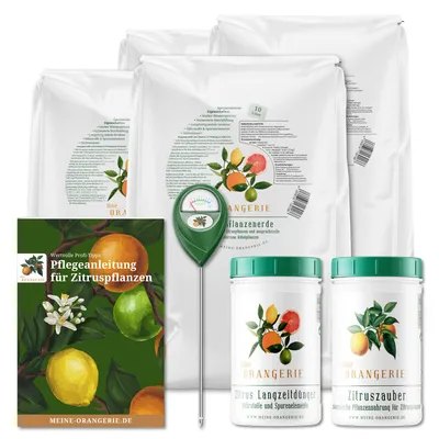 Produktbild von Meine Orangerie Zitrus Pflegepaket Grande: Beste Zitruserde + starker Zitrusdünger + nützlicher Feuchtigkeitsmesser + ausführliche Pflegebroschüre
