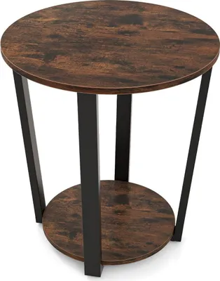 Image de Table d'appoint ronde avec étagère ouverte & Table d'appoint à 2 niveaux avec structure en métal, marron rustique