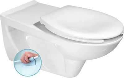 A white wall-mounted toilet with a closed lid, shown from a side-front angle. A circular inset shows a hand holding a cleaning brush.