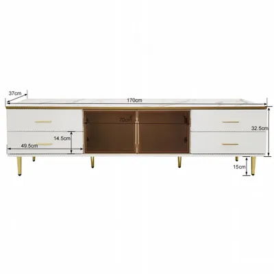 Image de OKWISH Meuble TV 170x37x47,5 cm - 4 tiroirs et portes en verre trempé - Blanc