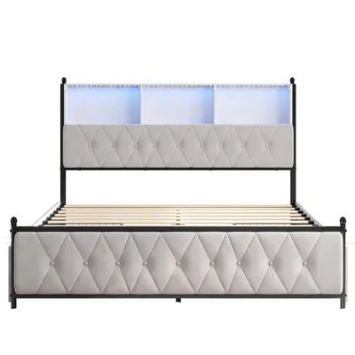 Imagen del producto de Cama tapizada INONEFT de 160x200 con espacio de almacenamiento, cama doble con LED y USB, cama juvenil con 4 cajones, estructura de cama, tapizada en terciopelo, color beige