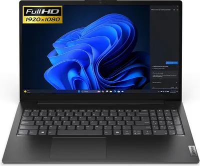 A black Lenovo laptop is shown from the front, open and displaying its screen.