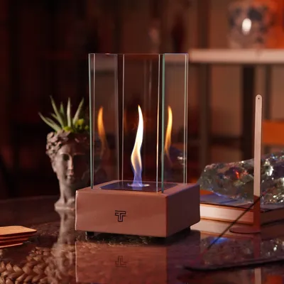 Produktbild von Double T Concept® Tornado Indoor Feuersäule Dekokamin Tischkamin Dekofeuer Tischfeuer Terrassenkamin Hellgrau Bioethanol Holz Lagerfeuer Feuersäule